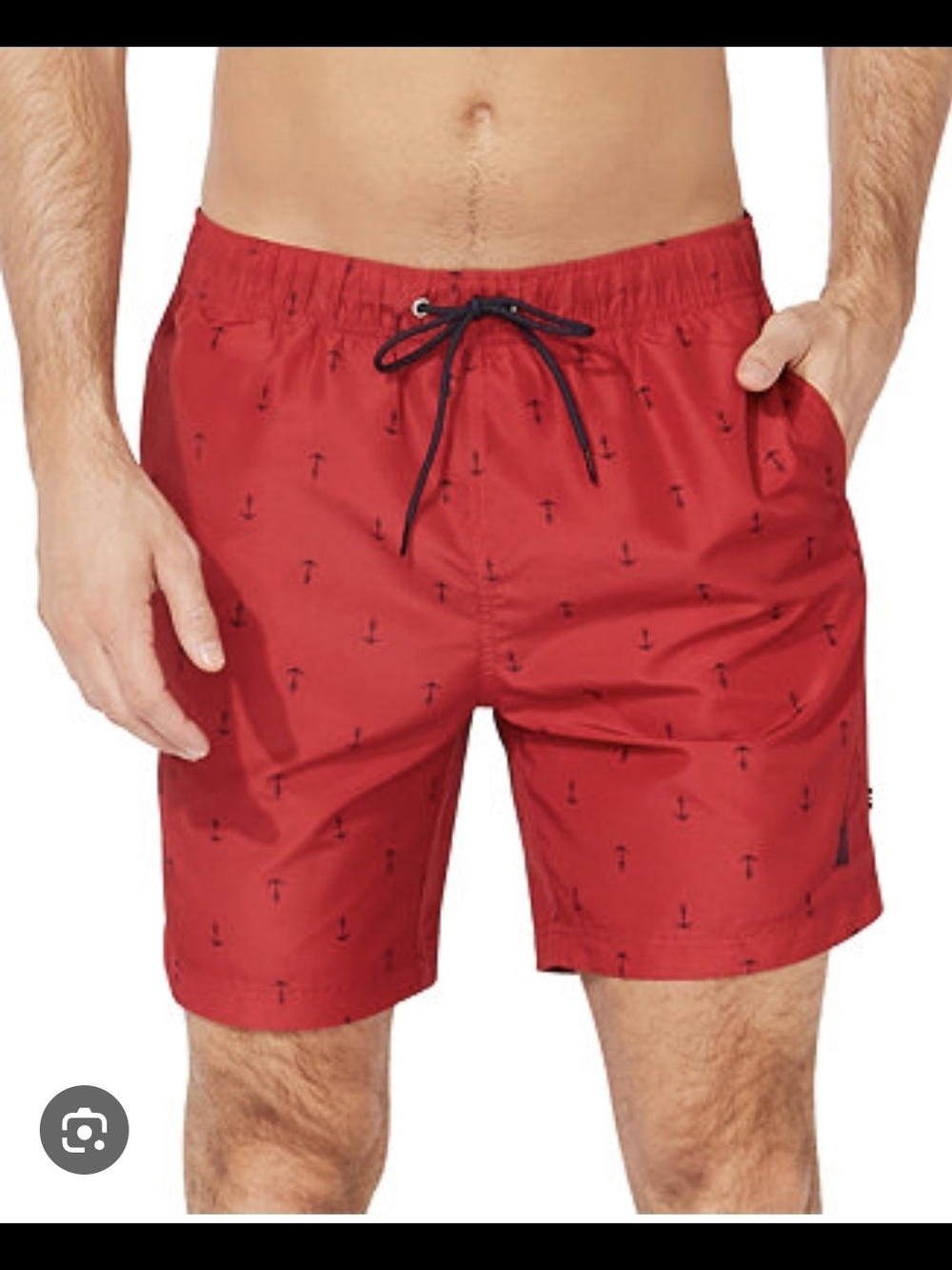 red Nautica swim trunks feature an all-over blue anchor print and an elastic